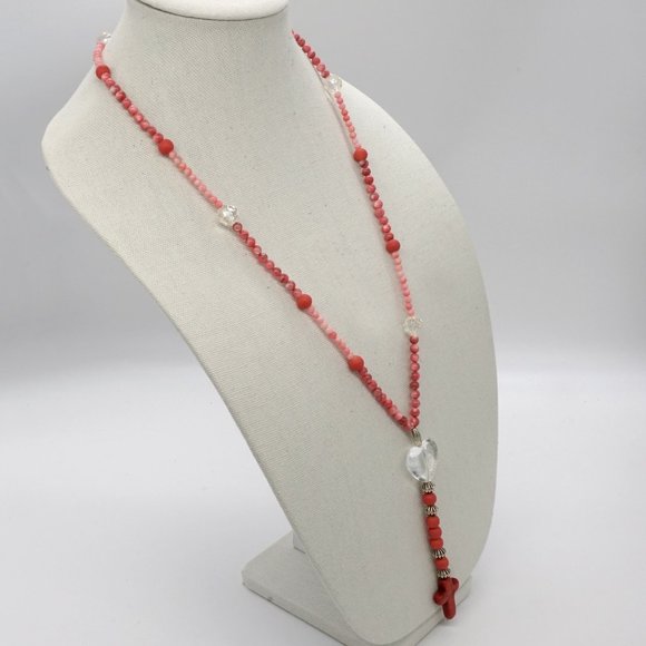 Necklace with Coral beads, Silver Accents and Stone Cross. - Picture 2 of 3